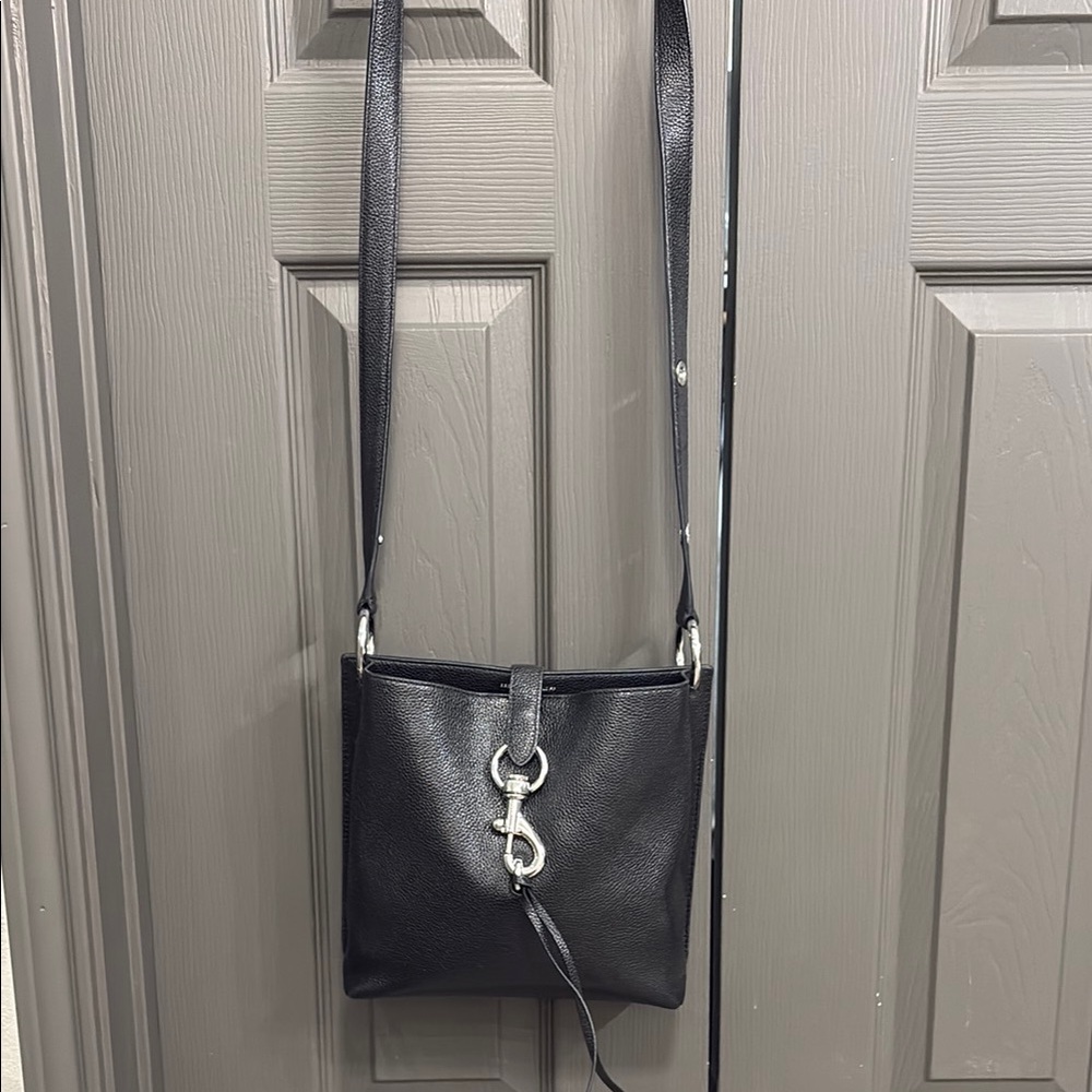 Rebecca Black Leather Crossbody Bag with Silver Hardware